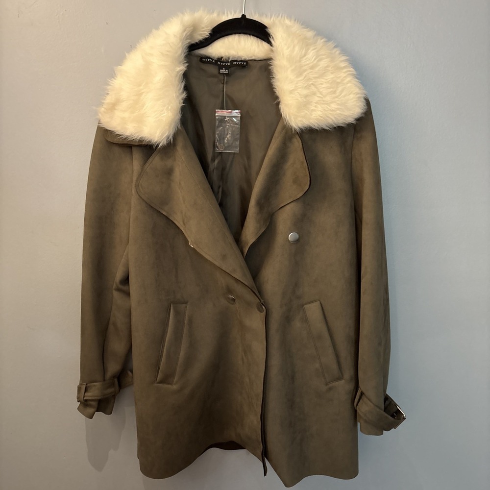 Hyfve Jacket Blazer Women's Sz S Faux Leather Suede olive Green Faux Fur‎ Trim